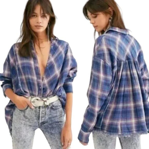 We The Free Tops - We The Free Seeking Starlight Flannel Oversized Cotton Top Size XS Blue Plaid